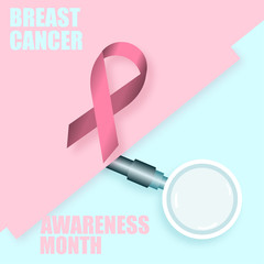 Vector Pink ribbon in Breast Cancer Awareness month symbol with brush stroke effect on blue and pink background  