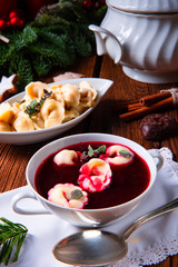 Fototapeta na wymiar traditional Polish Christmas Eve borscht with dumplings