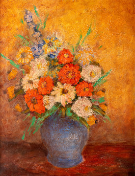 Vintage oil painting of colorful flowers in vase.