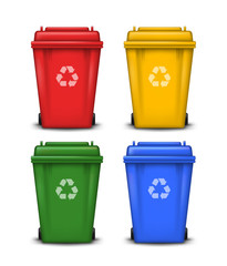 Vector set of colorful trash bins with recycle symbol isolated on white background