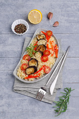 Bulgur with slices of fried vegetables
