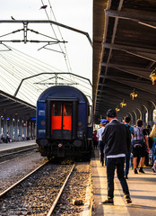 Trains on the platform of Bucharest North Railway Station (Gara de Nord Bucuresti) in Bucharest, Romania, 2019