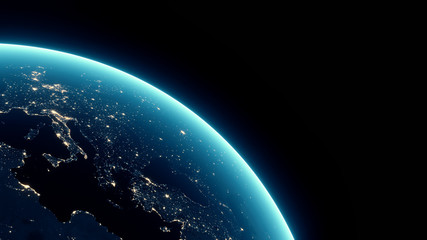 3D Rendering of earth at night brighten from lights from large capital cities. View from outer space with blue glow reflection from atmosphere. Elements of this image furnished by NASA © knssr