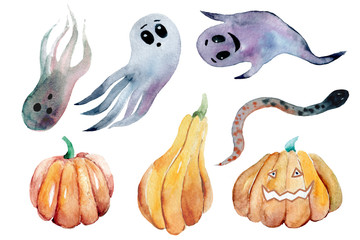 Set of hand-drawn elements painted in watercolor. Cute illustratio ns for Halloween. Watercolor halloween collection. Artistic autumn constructor clip art.