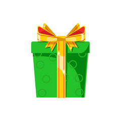 Green gift box with golden ribbon and bow. Flat icon isolated on white background. Vector 10 EPS illustration. Chistmas, birthday, surprise concept.