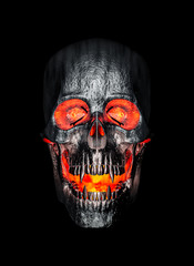 Front view of black metal, skull of vampire teth with fire red colors eyes on black background - 3d render - Halloween concept