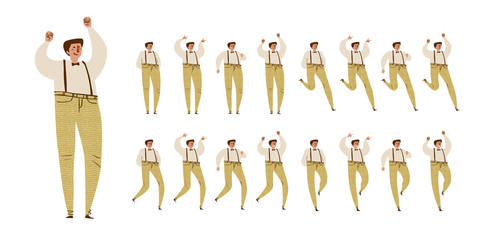 Man dances. Big set of characters in various positions. Happy man in pants with suspenders in Scandinavian style stays, dances, walks, jumps. Vector illustration EPS10 isolated on white