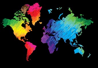 World map. Continents and countries. Flat map of the earth. Peace, love, music and art. Pacifism. Multicolored drawing markers. Bright colours.