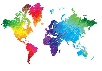 World map. Continents and countries. Flat map of the earth. Peace, love, music and art. Pacifism. Multicolored drawing markers. Bright colours.