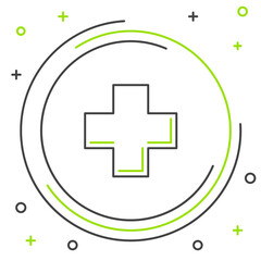Black and green line Cross hospital medical icon isolated on white background. First aid. Diagnostics symbol. Medicine and pharmacy sign. Colorful outline concept. Vector Illustration
