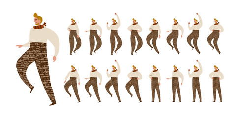 Man dances. Big set of characters in various positions. Happy man with scarf and beard in Scandinavian style stays, dances, walks, jumps. Vector illustration EPS10 isolated on white