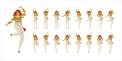 Girl dances. Big set of characters in various positions. Happy woman with bag in striped blouse in Scandinavian style stays, dances, walks, jumps. Vector illustration EPS10 isolated on white