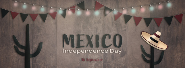 Mexican National Holiday. Mexican Flag background with cactus, sombrero and national colors. Text:...