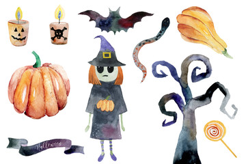 Obraz premium Set of hand-drawn elements painted in watercolor. Cute illustrations for Halloween. Watercolor halloween collection. Artistic autumn constructor clip art.