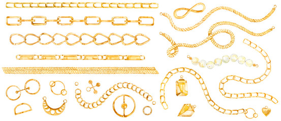 Watercolor set of isolated elements, luxury gold chain, rope, gold jewelry for the textile pattern or wallpaper. - 289515456