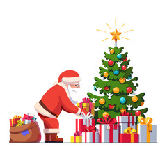 Santa Claus putting gift box under Christmas tree
