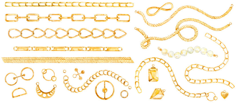 Watercolor set of isolated elements, luxury gold chain, rope, gold jewelry for the textile pattern or wallpaper.