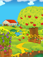 cartoon scene with farm fields and barn by the day and apple trees - illustration for children