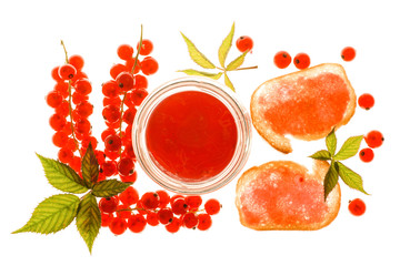Red Currant Jelly With Berries And Toast isolated and  flat layed on a white background.