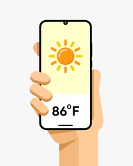 Smartphone mockup in human hand. Weather temperature application. Summer, sun, hot. EPS10 Vector