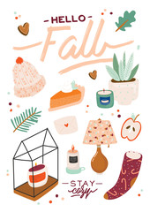Cute illustration with autumn and winter cozy elements. Isolated on white background. Motivational typography of holidays hygge quotes. Scandinavian danish style. Vector