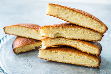 Sponge Cake Slices in Glass Tray. Ready to Serve.