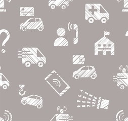 Emergency service, seamless pattern, monochrome, hatching, gray, vector.  Emergency medical and fire assistance, reference services. Simulated pencil hatching. White pictures on a gray field.   