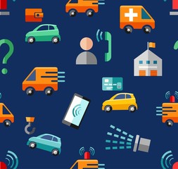 Emergency services, seamless pattern, color, blue, vector. Emergency medical and fire assistance, reference services. Colored icons on a blue field.  