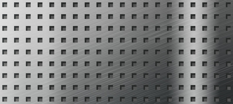 Laserstanzen Edelstahl Aluminium geb&uuml;rstet Hintergrund poliertes Metallblech mit Laser ausgestanzten Quadraten Lochblech. 