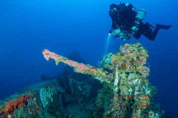 scuba diver and WWII shipwreck