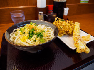 Wide closeup of cold Tanuki Udon noodles with Tempura-fried Chikuwa fish cake and Kakiage vegetable...