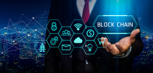 Blockchain concept. Business person hold Blockchain illustration and icon technology.5G network...