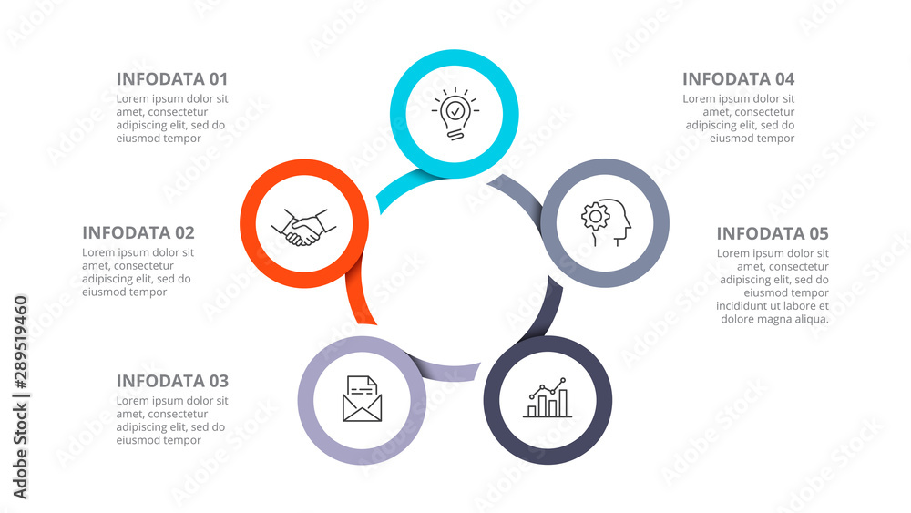 Poster cyclic diagram infographic with circles. modern infographic design template with 5 options, steps or