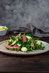 Green salad with steak, aubergine, sunflower sprouds and feta chese in ceramic plate on wooden background