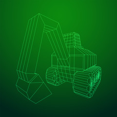 Excavator heavy equipment construction company. Wireframe low poly mesh vector illustration