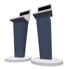 LCD Screen Stand. Trade Show Booth. 3d render of tv info kiosk isolated on white background. High Resolution. Ad template for your expo design.