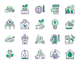 Nature conservation green color linear icons set