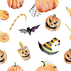Hand-drawn pattern painted in watercolor. Cute illustrations for Halloween. Watercolor halloween collection.