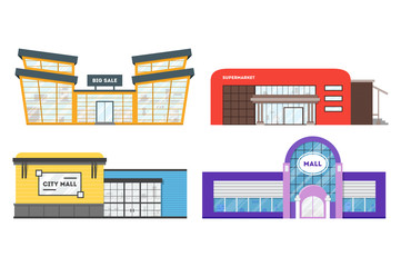 Flat supermarket. Shopping mall building. Set of colorful funny cartoon city store