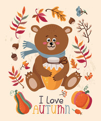 Autumn card with bear and leaves