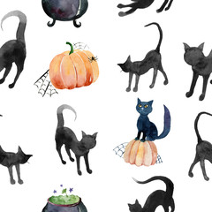 Hand-drawn pattern painted in watercolor. Cute illustrations for Halloween. Watercolor halloween collection.