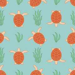 Beautiful seamless pattern with sea turtles and algae. Sea background. Vector colorful illustration