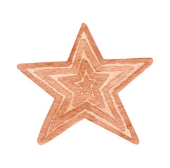 Watercolor hand painted wooden star. Isolated on white background.