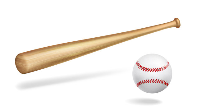 Wooden baseball bat and white leather ball with red strips perspective view, 3d realistic vector object isolated on white background with shadows. Competitive team sport equipment element illustration