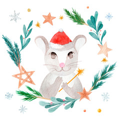 Watercolor christmas rat in frame. Rat symbol of the new year 2020.