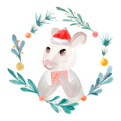 Watercolor christmas rat in frame. Rat symbol of the new year 2020.