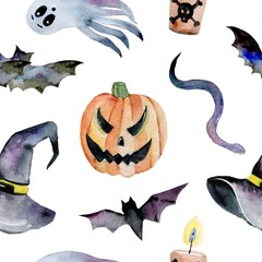 Naklejka premium Hand-drawn pattern painted in watercolor. Cute illustrations for Halloween. Watercolor halloween collection.