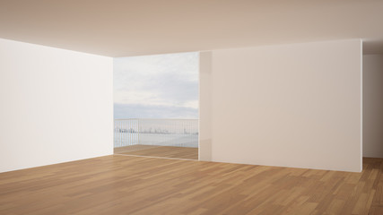 Empty room interior design, open space with white walls and parquet wooden floor, modern contemporary architecture, panoramic window, morning light, mock-up with copy space