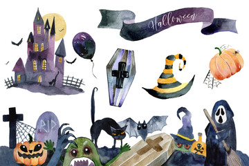 Set of hand-drawn elements painted in watercolor. Cute illustrations for Halloween. Watercolor halloween collection. Artistic autumn constructor clip art.
