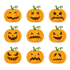 Set of a scary Halloween colorful pumpkins. Collection of silhouette spooky images. Horror emoticons. Emoji art. Flat style icon. Facial expressions. Isolated vector illustration on white background.